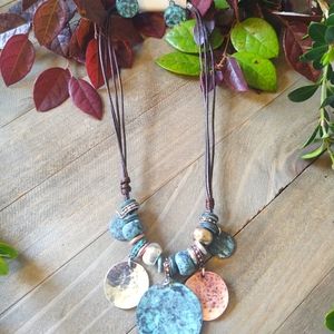 STORY Patina multi tones round metal leatherette cord necklace set.